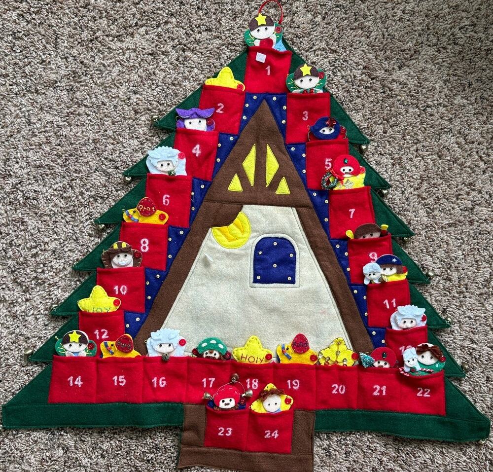 Vintage 70S 80S Handmade Nativity Scene Advent Calendar Wall Hanging 23.5x25